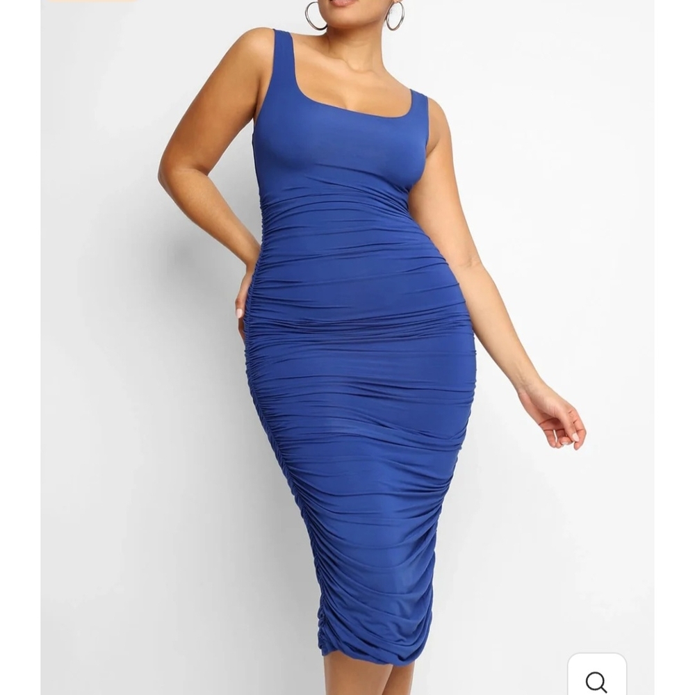Blue Square Neck Bodycon Midi Dress